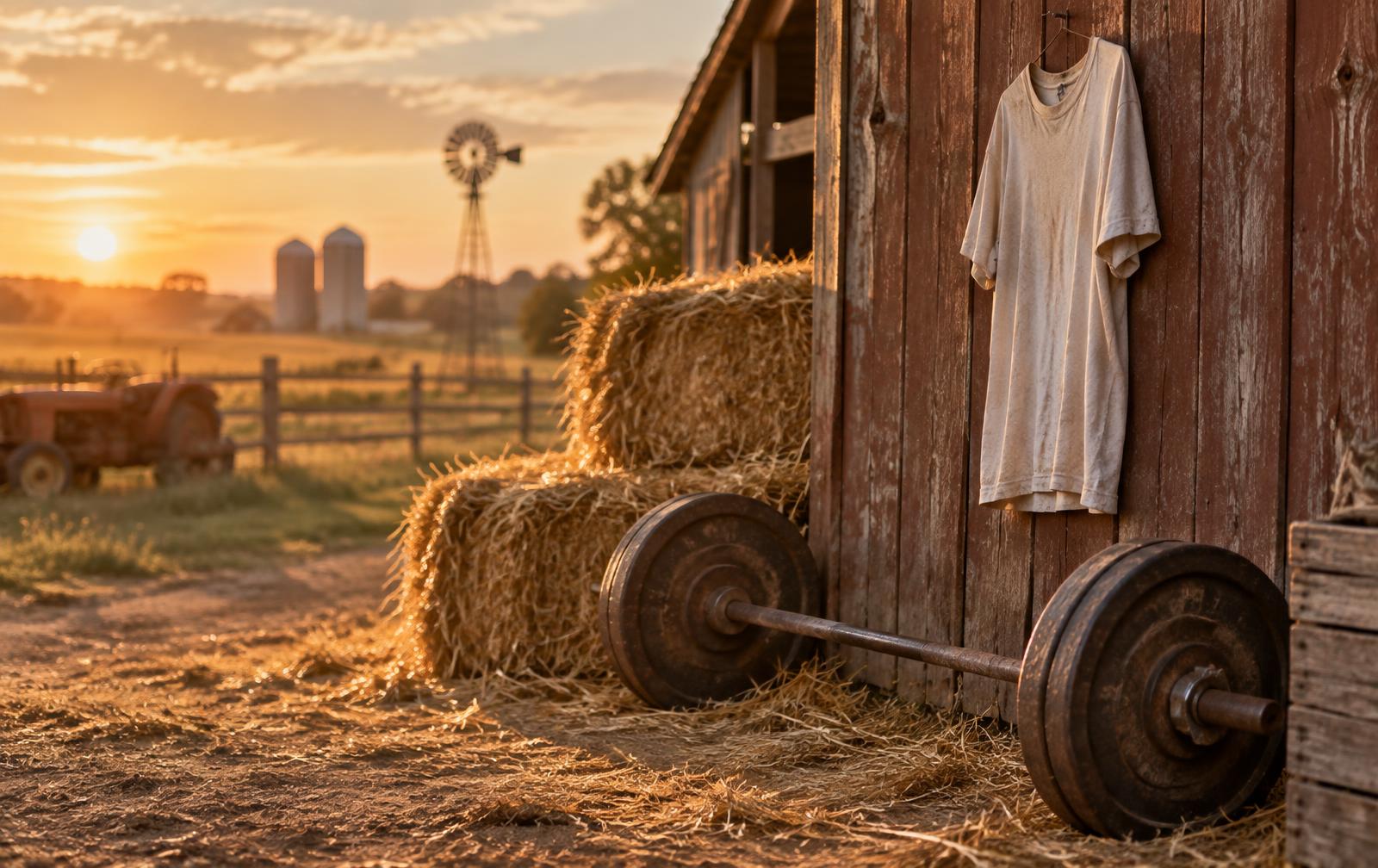 A barbell and a cream tee against a weathered barn wall at sunset